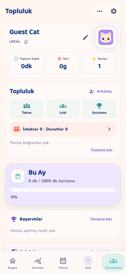 Catudy topluluk, lobi ve sıralama ekranı